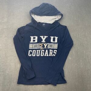 BYU Cougars Soffe Women M Navy Long Sleeve Hooded T-Shirt Distressed Graphic